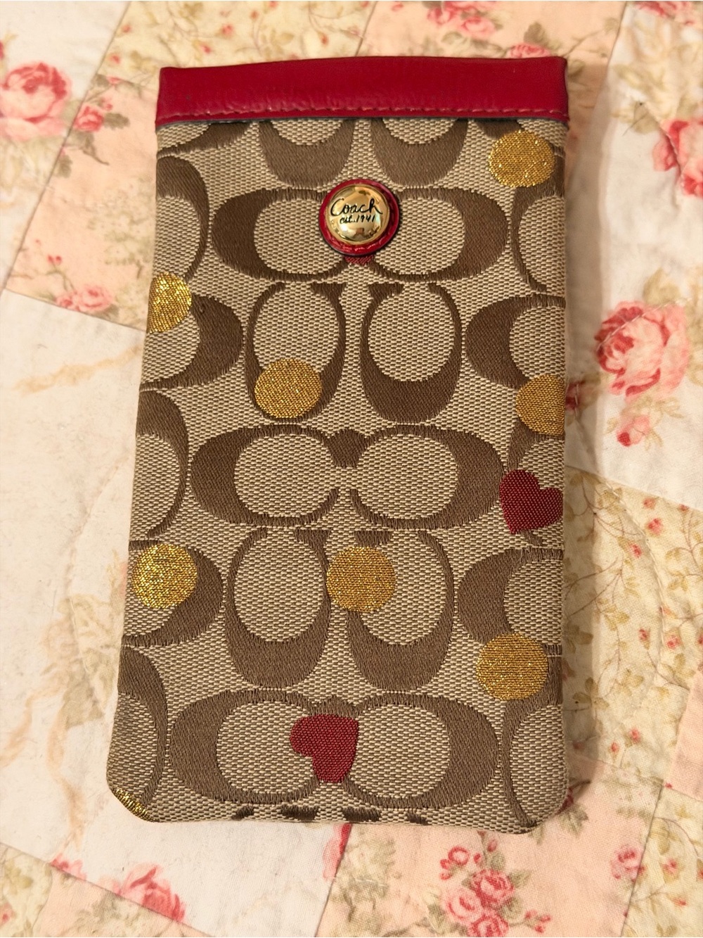 Coach Khaki Eyeglass/Sunglasses Case with Red Leather Trim and Heart Accents